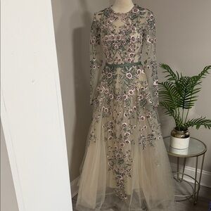 Mac Duggal Beige Tulle Gown with Pink & Green Floral Embroidery